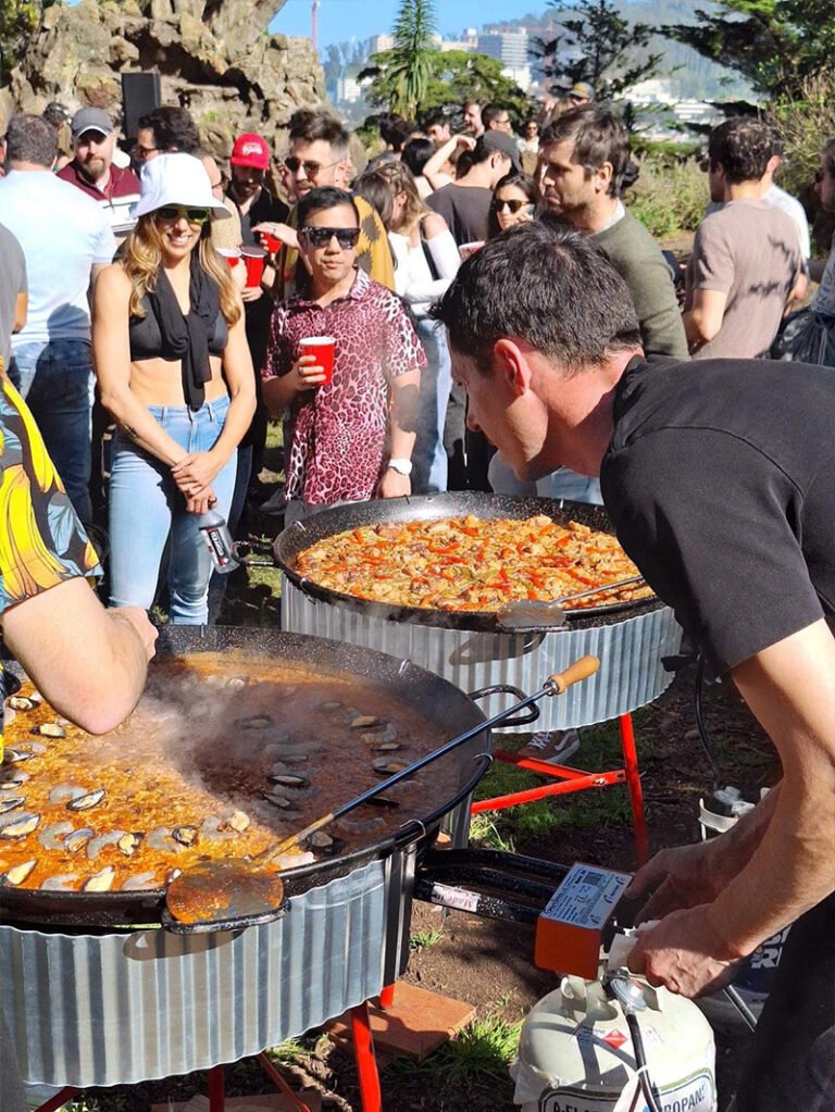 Home paella outdoor hungry people